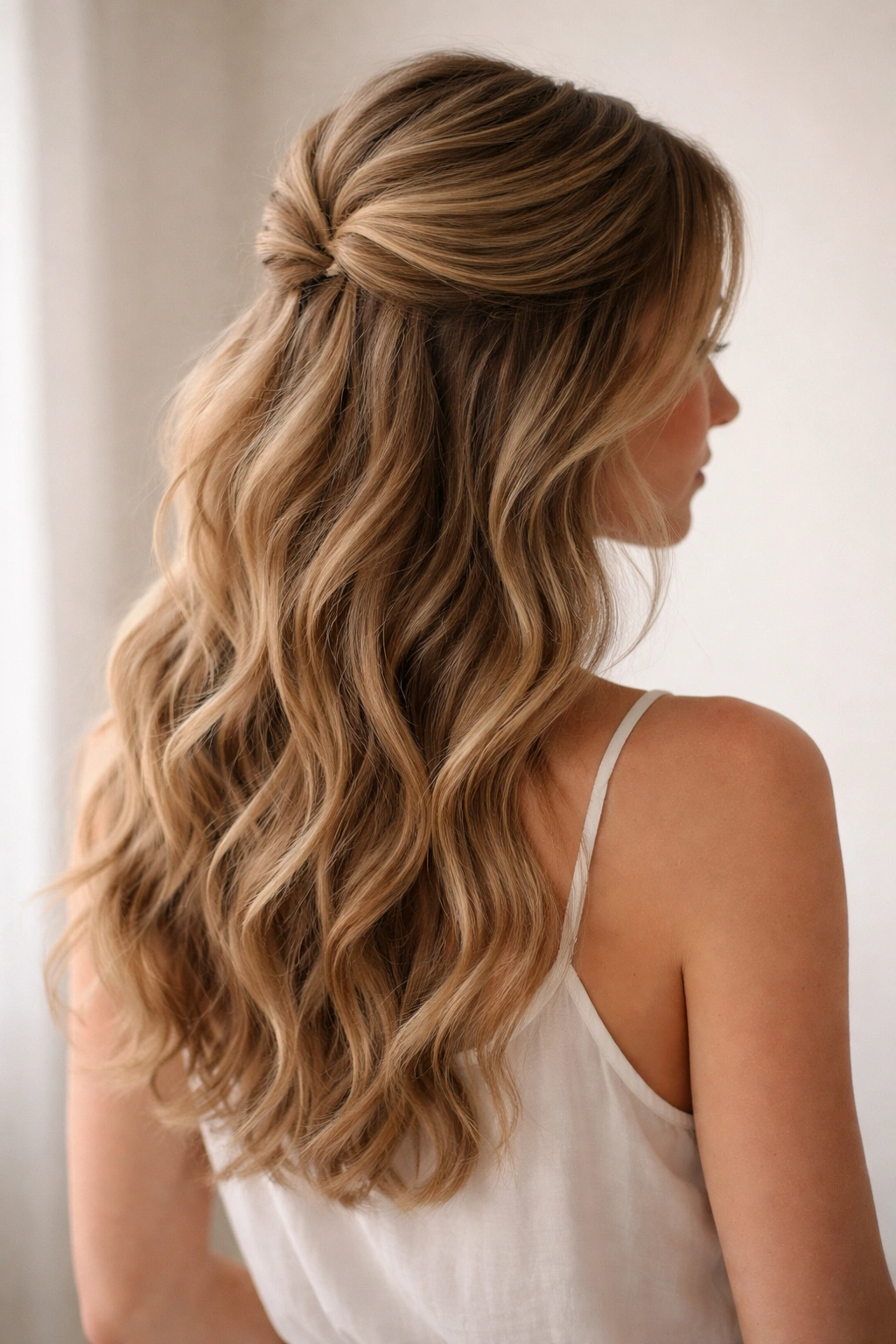 Half-up hairstyle with waves pinned at crown, showing texture throughout.