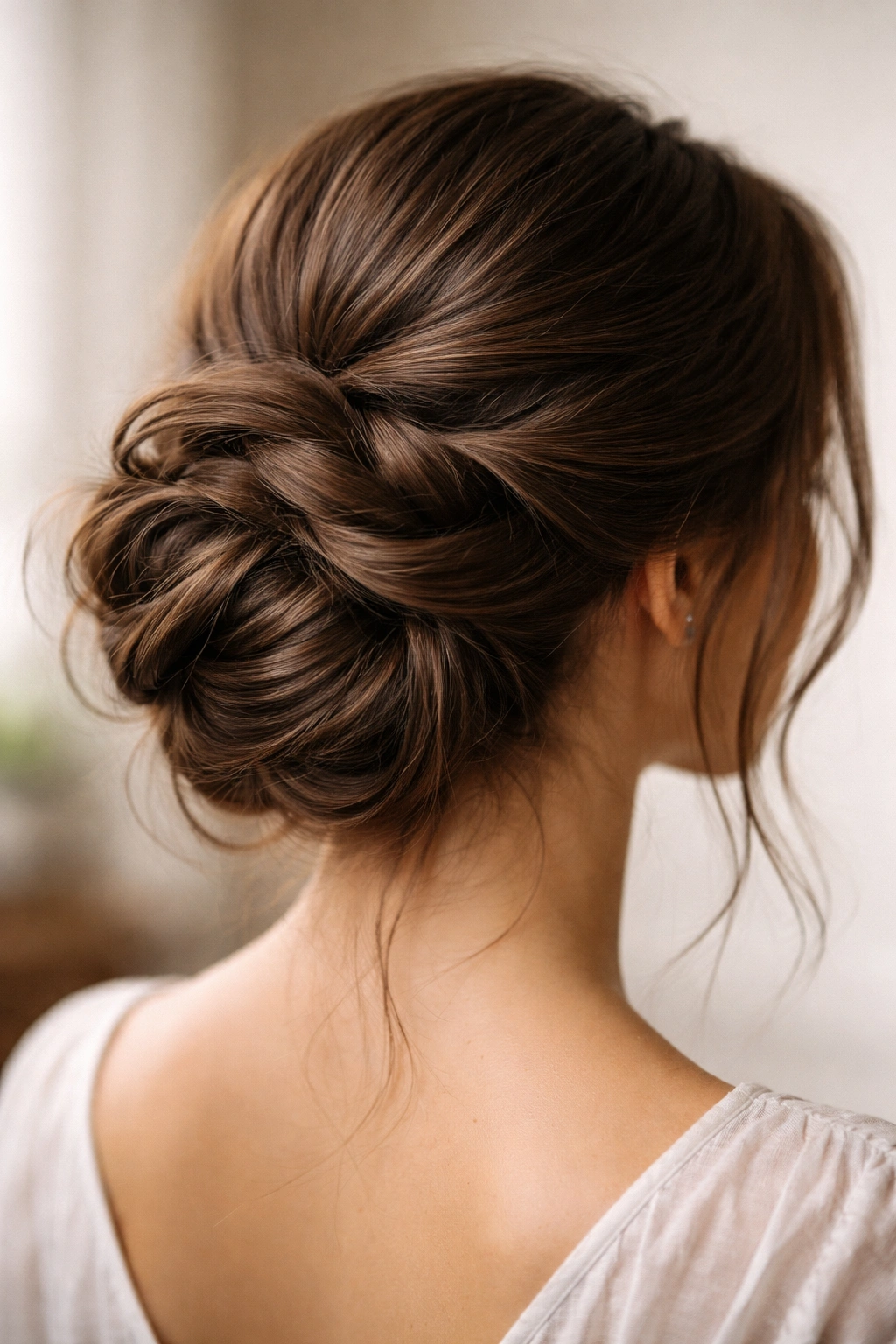 Close-up of a pinned section low bun showing curved hair pins and layers