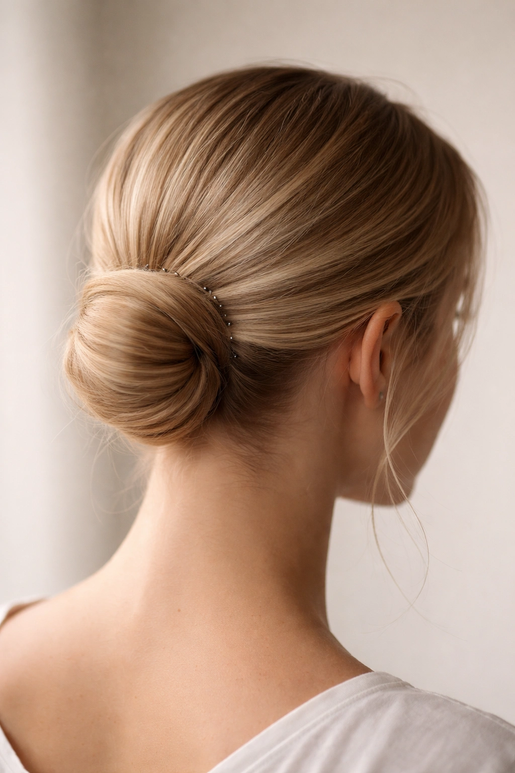 Close-up of a low underbun pinned at the nape of the neck.