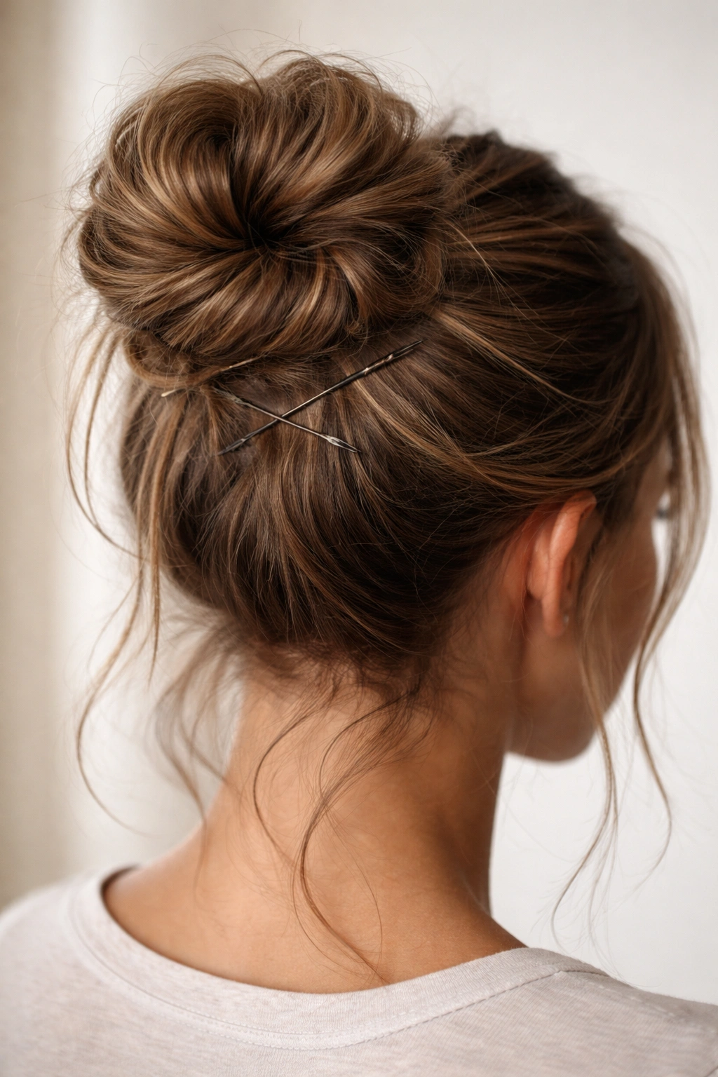 Close-up of a thick-haired bun with horizontal bobby pins for all-day hold