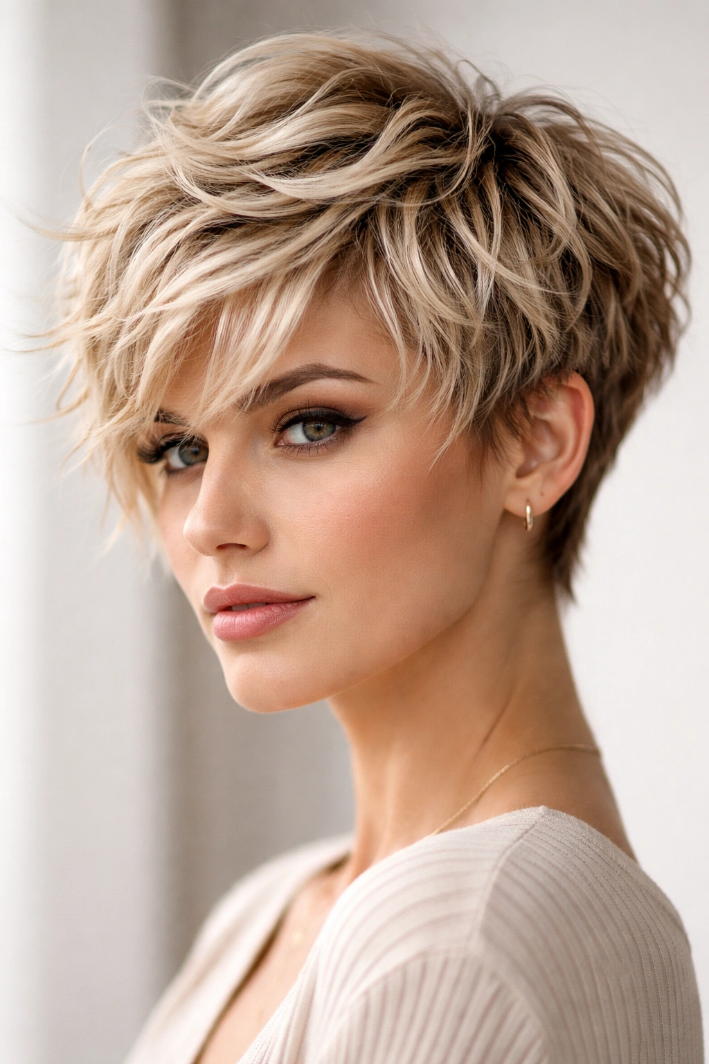 Blonde choppy pixie-bob hybrid with short textured waves in a studio portrait