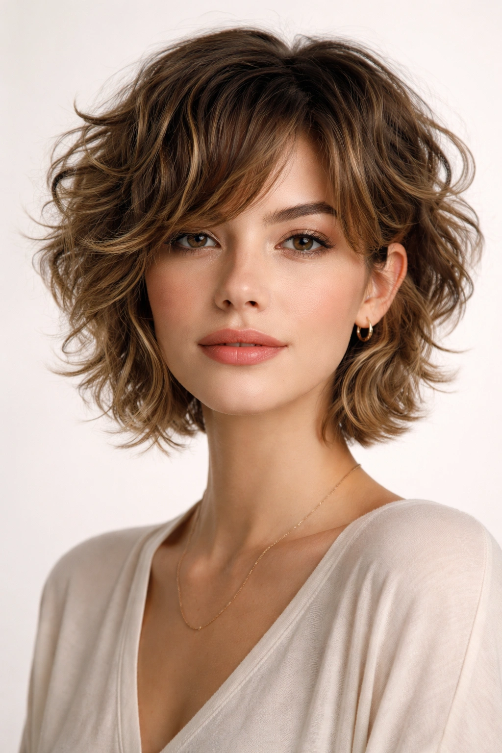 Front view of curly hair with a short textured crown and longer face-framing pieces