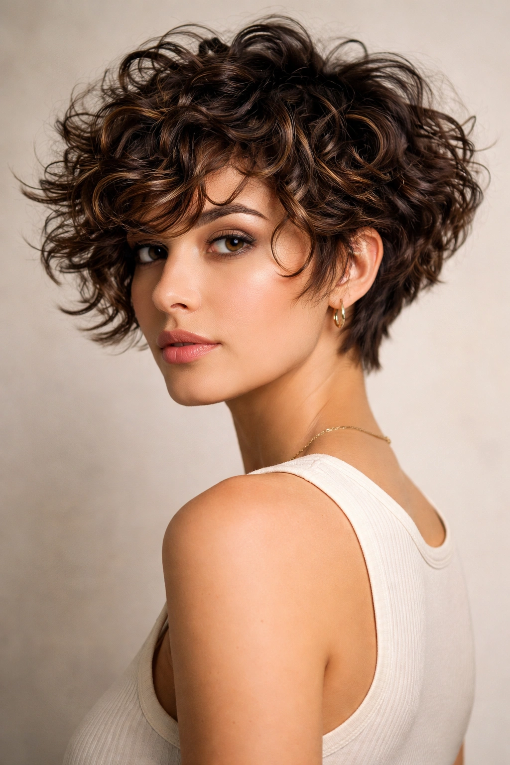 Heavily layered pixie-bob hybrid on curly hair with strong texture.