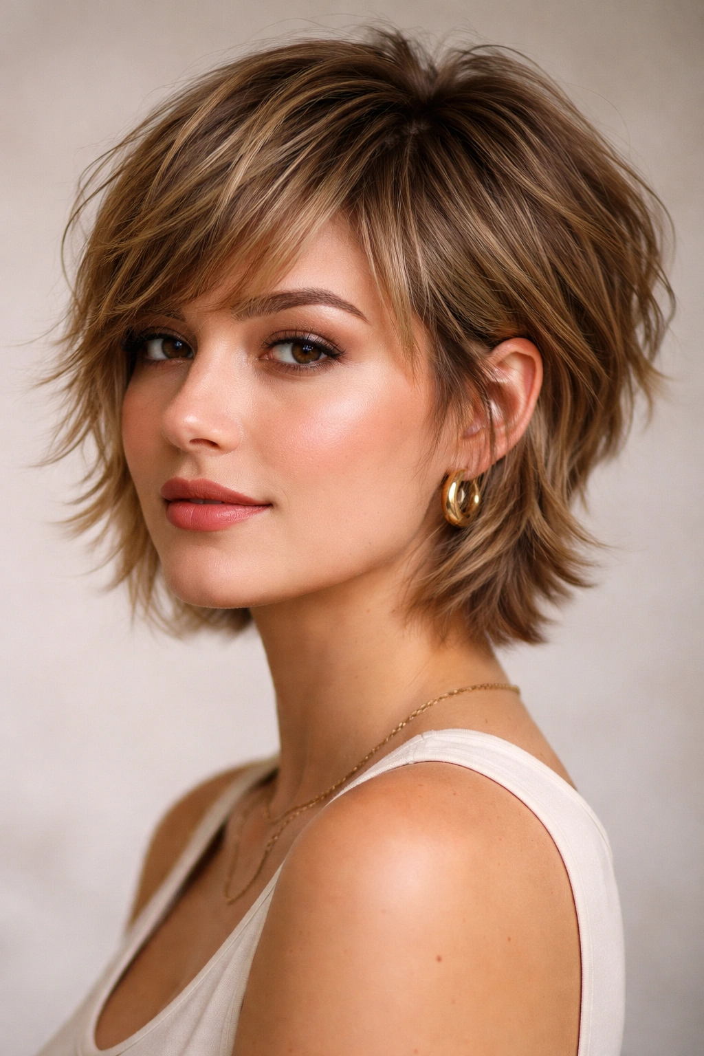 Close-up of textured pixie-bob hybrid with crown volume on a round-face model