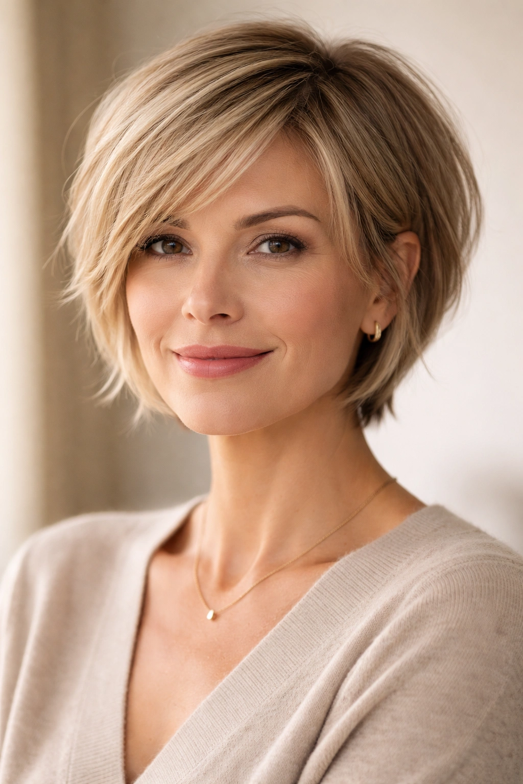 Soft pixie-bob hybrid hairstyle with forward-angled front pieces