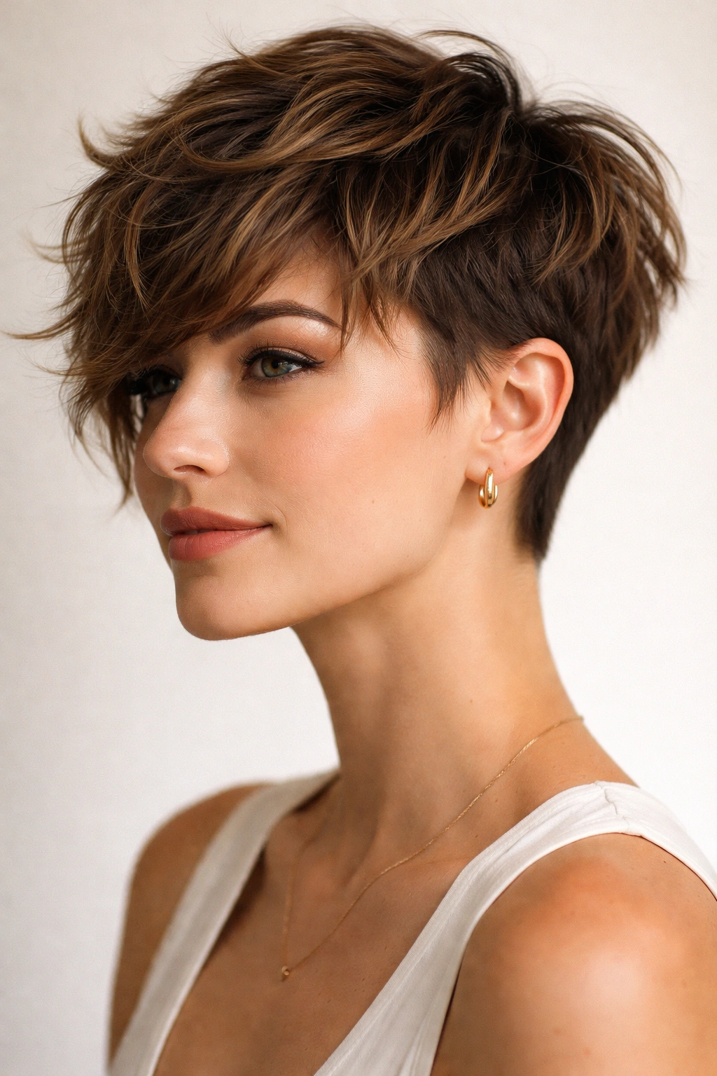 Portrait of a model with very short sides and longer top pixie-bob hybrid for waves