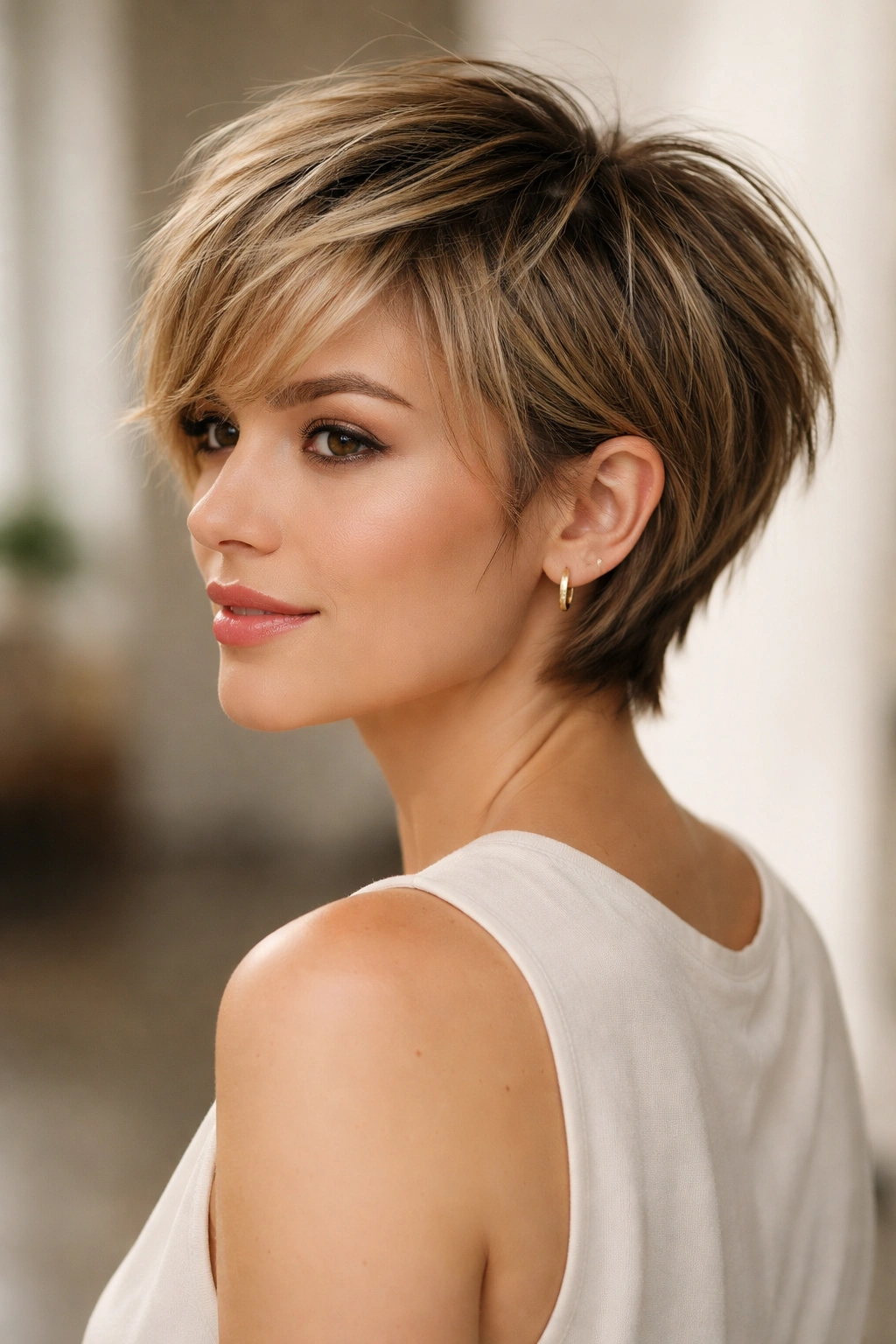 Portrait of a person with a choppy pixie-bob hybrid showing off off-neck length and crown volume