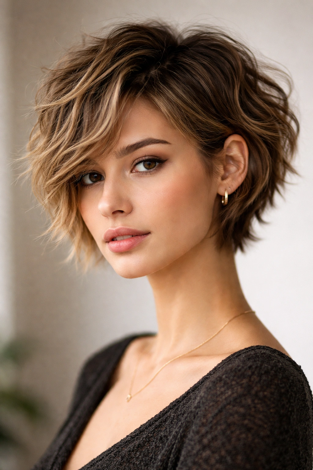 Portrait of a model with a tousled pixie-bob hybrid showing ear-length sides and jaw-length back