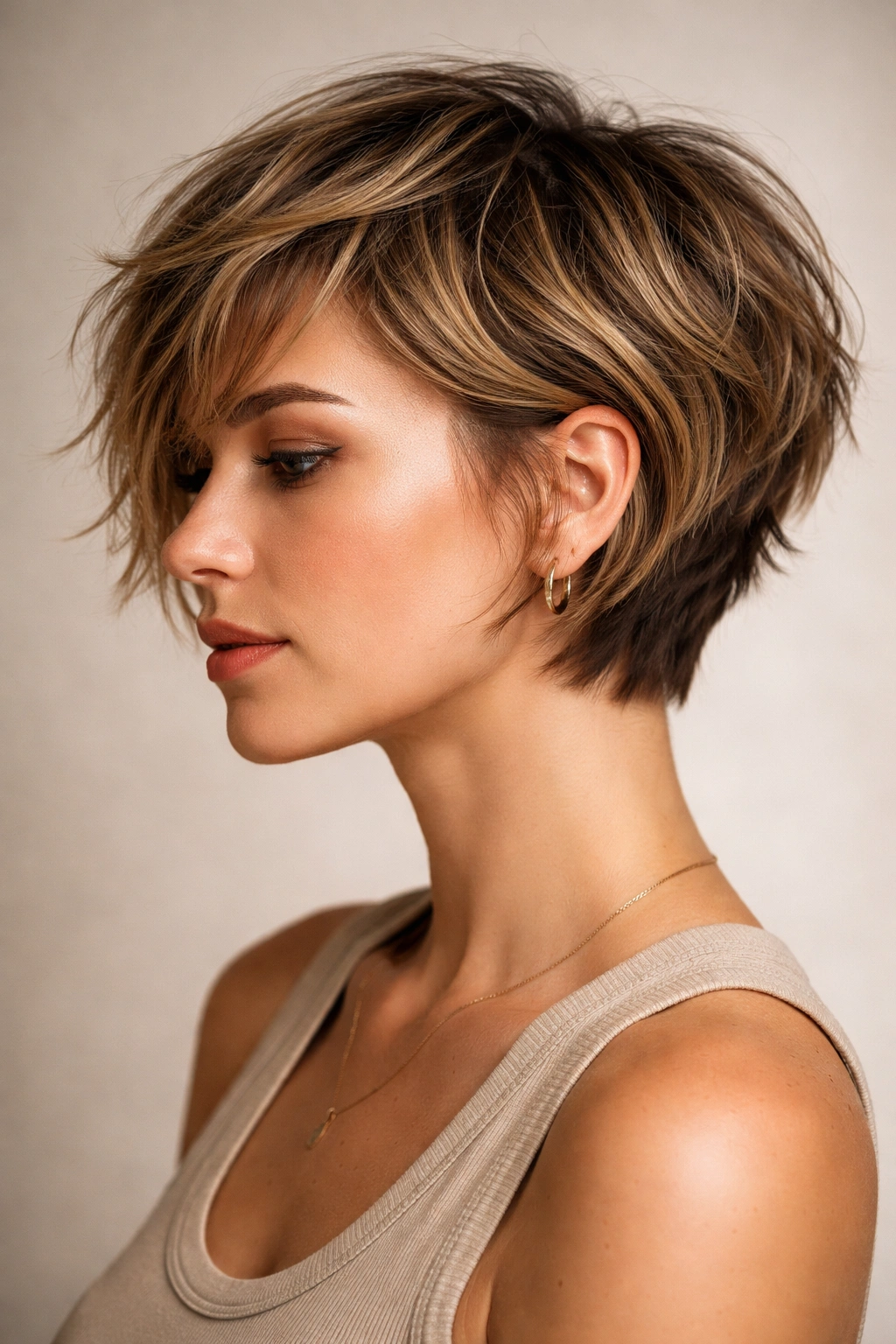 Close-up head-and-shoulders of a textured pixie-bob hybrid with longer front pieces and waves