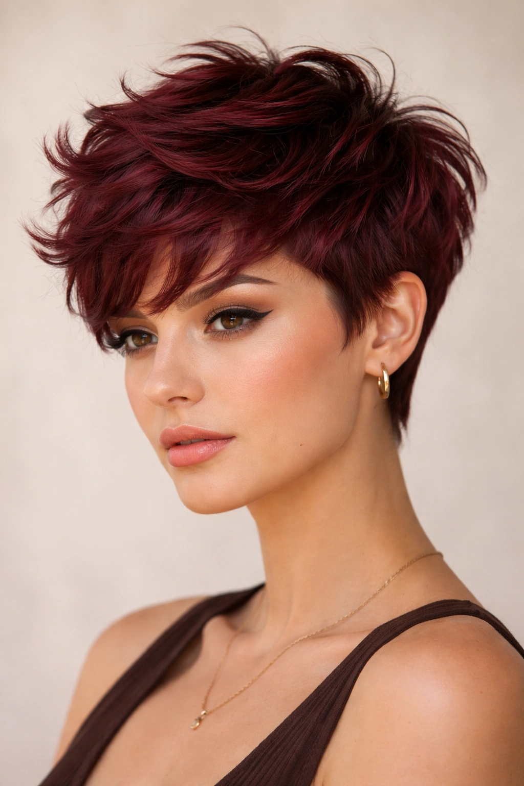 Close-up of a textured pixie cut in deep burgundy with soft waves
