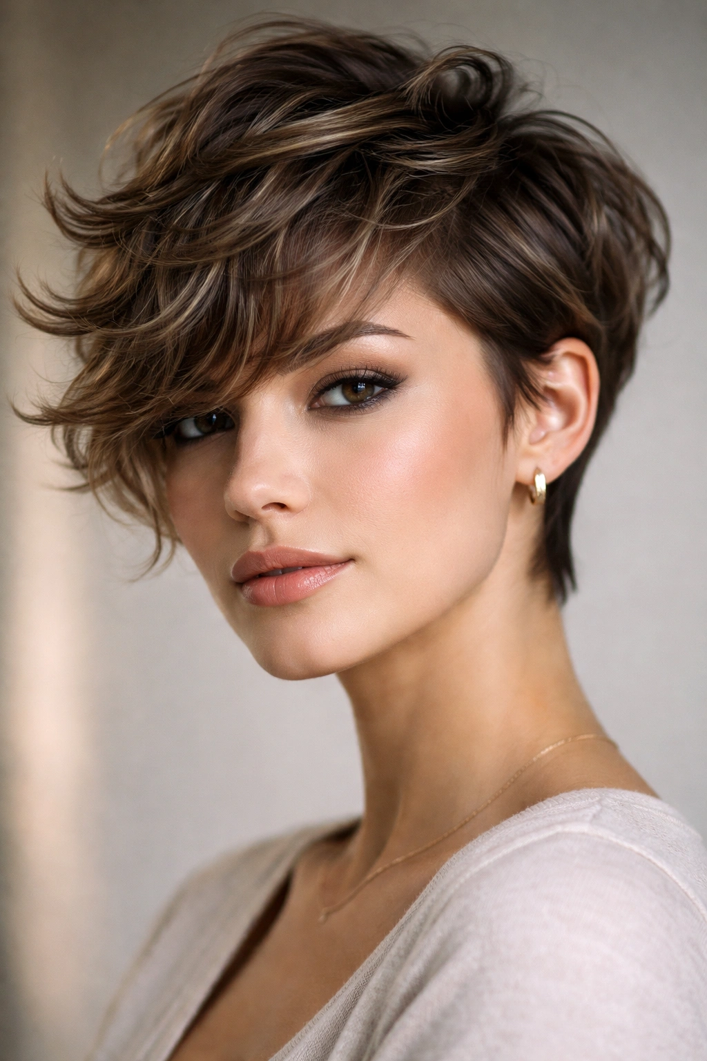 Close-up of wavy pixie-butterfly cut with short sides and longer crown