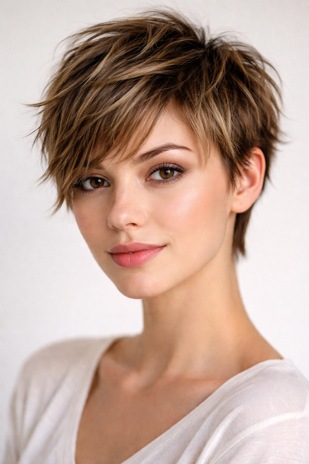 Choppy pixie layers on short hair with movement on a heart-shaped face