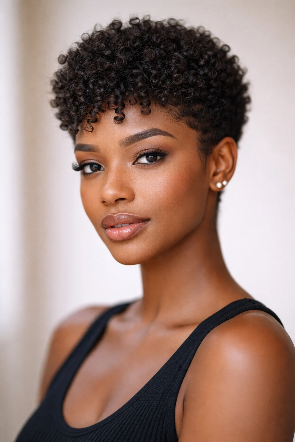 Close-up portrait of a 4c pixie cut displaying dense curl texture