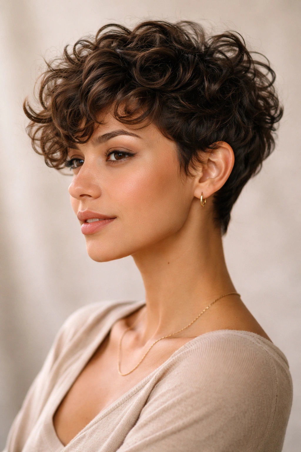 Close-up of a curly, textured pixie cut
