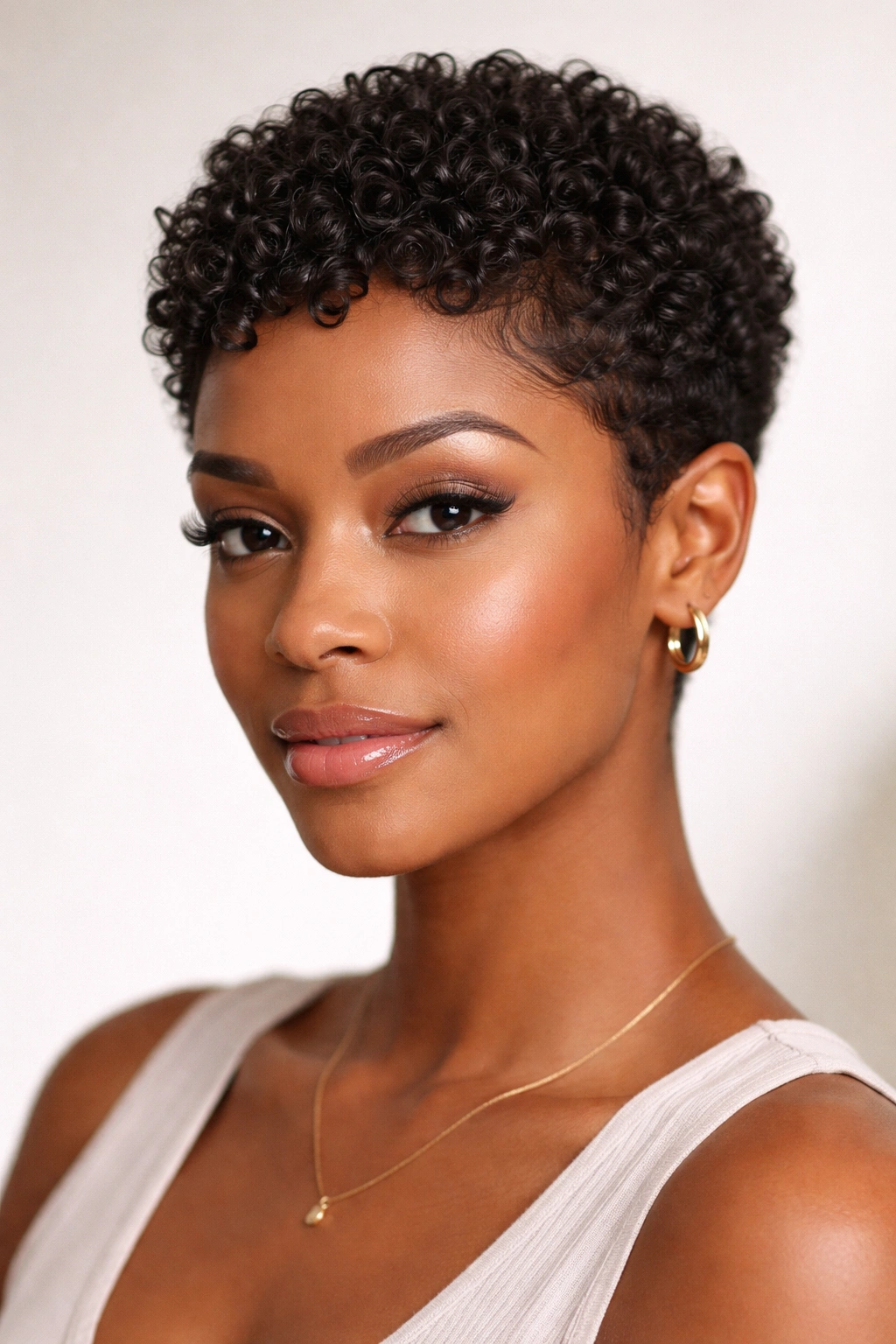 Woman with a pixie cut featuring defined curls