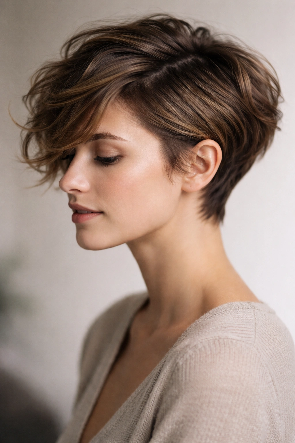 Wavy pixie with a deep side part and face-framing waves