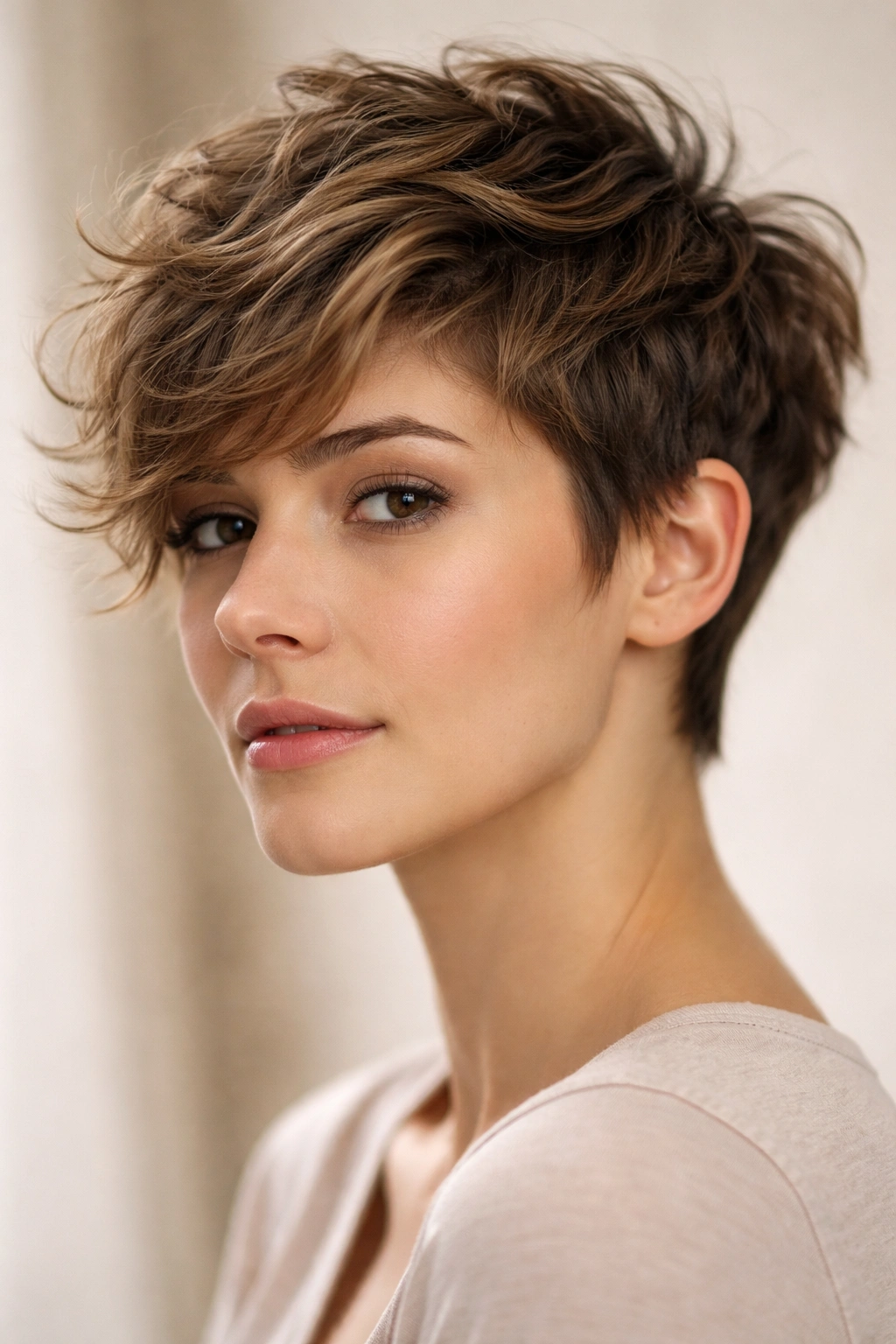 Close-up portrait of a person with a textured pixie cut showing layered movement