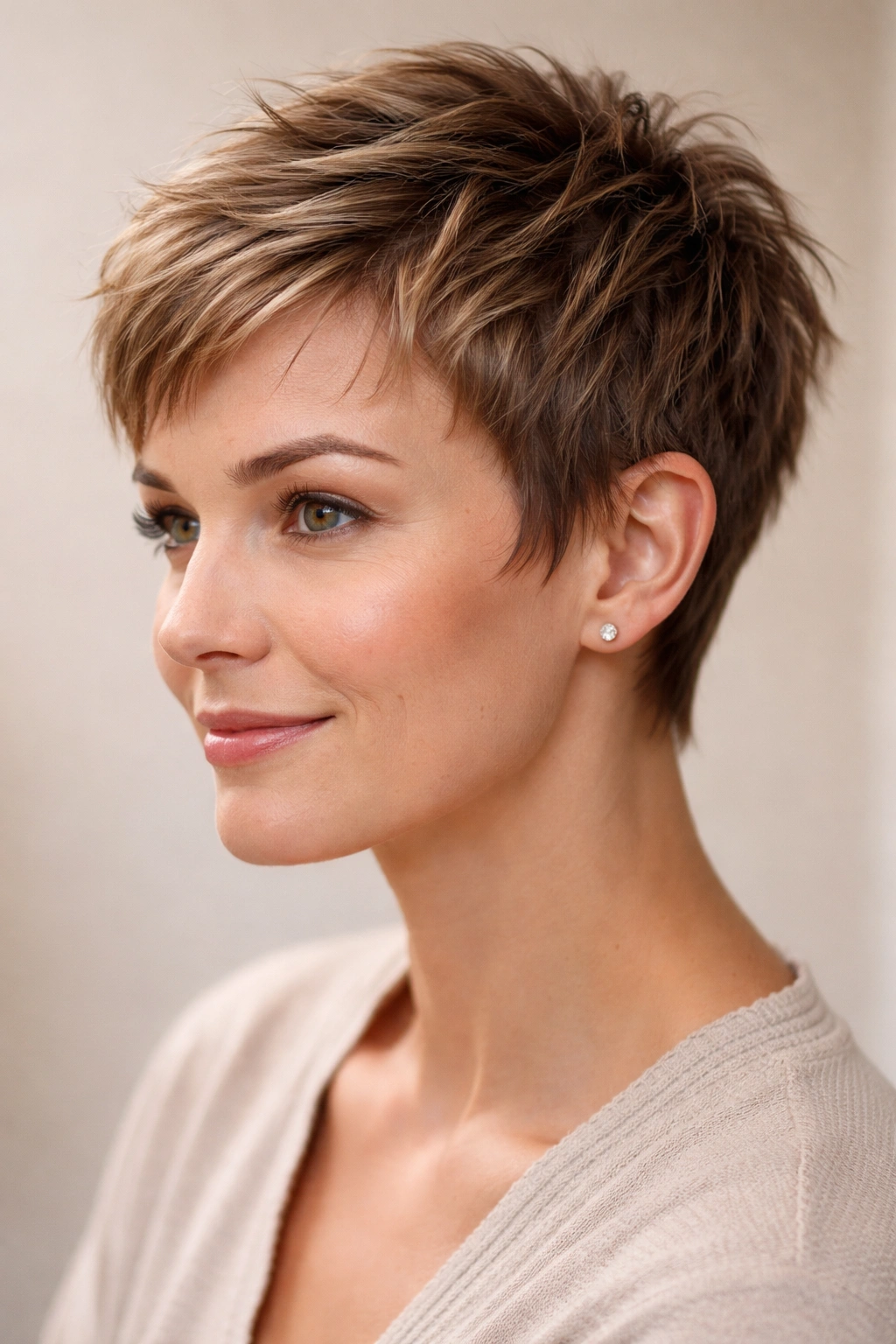 Close-up of a pixie cut with textured layers and defined shadow, emphasizing regrowth styling
