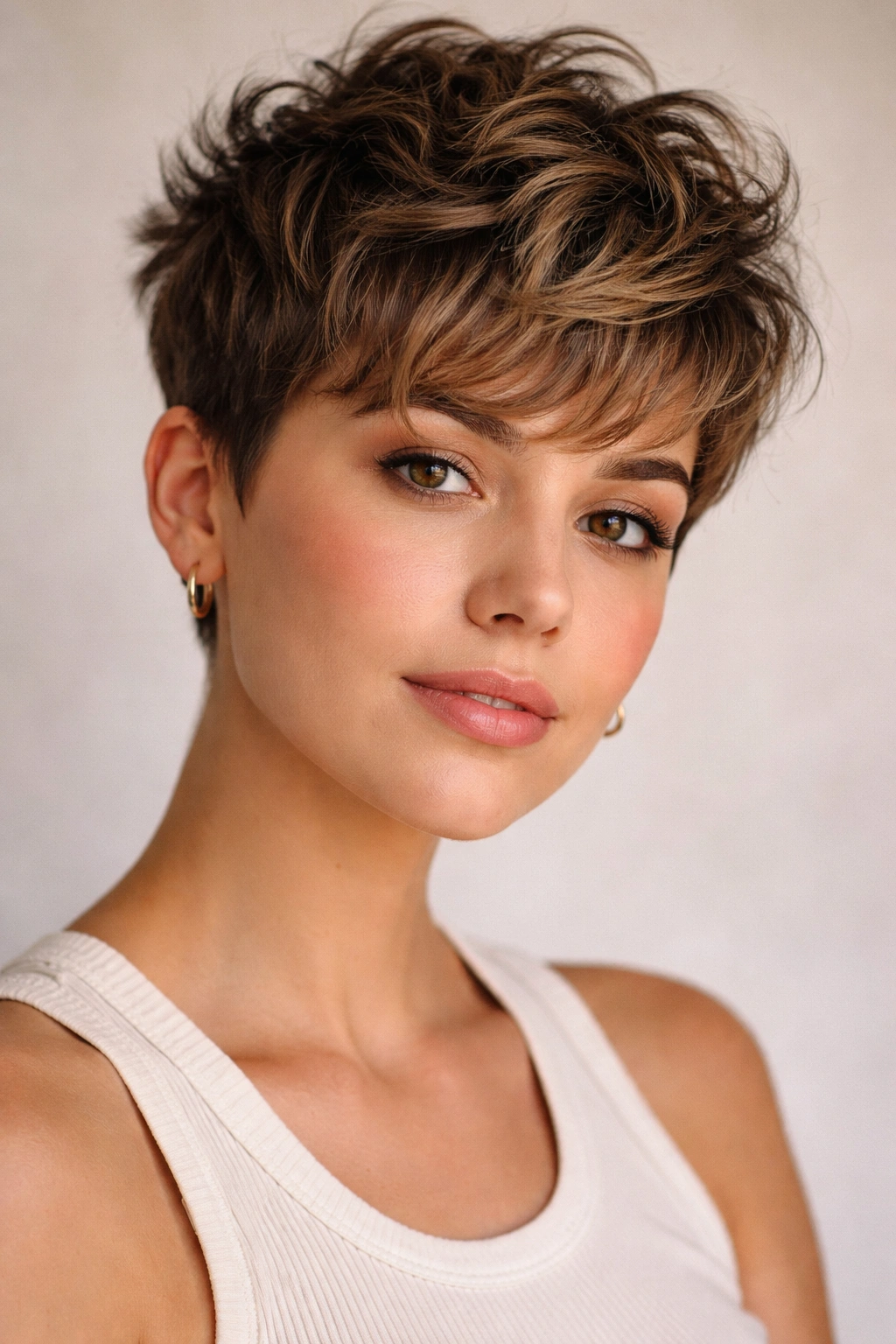 Close-up portrait of a textured pixie with longer top layers and lift