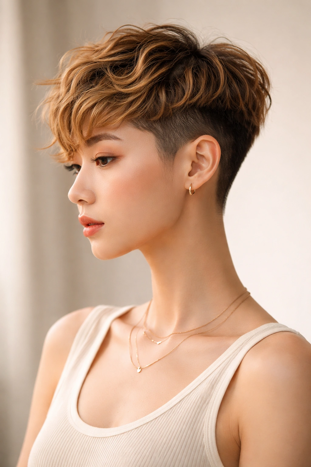 Side profile of honey-toned wavy pixie fade with fade and textured top