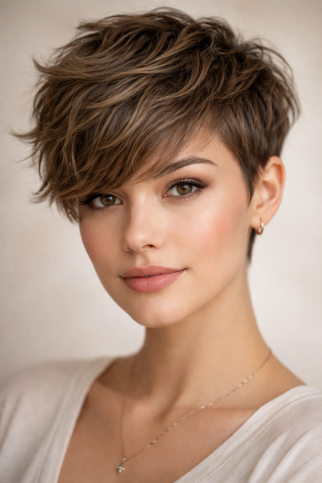 Portrait of pixie with longer fringe cropping across forehead