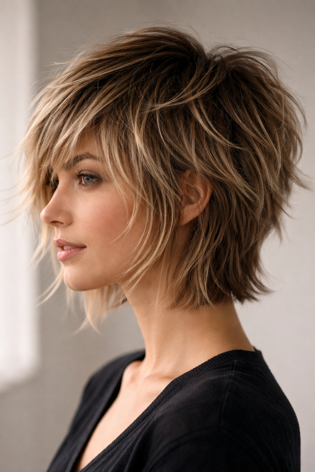 Close-up of a choppy pixie-to-lob hybrid haircut with disconnected layers
