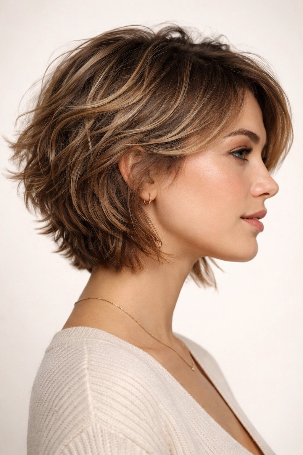 Close-up of textured pixie-to-lob transition with layered lengths