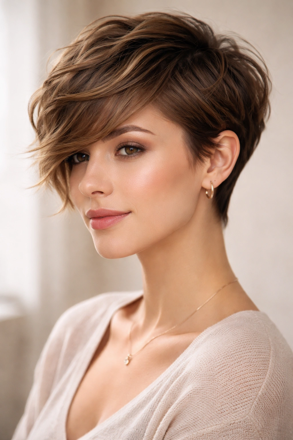 Pixie with long sideswept bang featuring natural waves