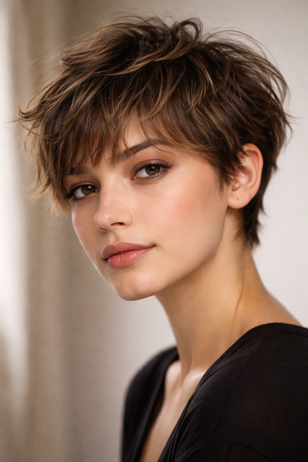 Close-up of a person with a textured pixie cut and wispy bangs showing natural waves