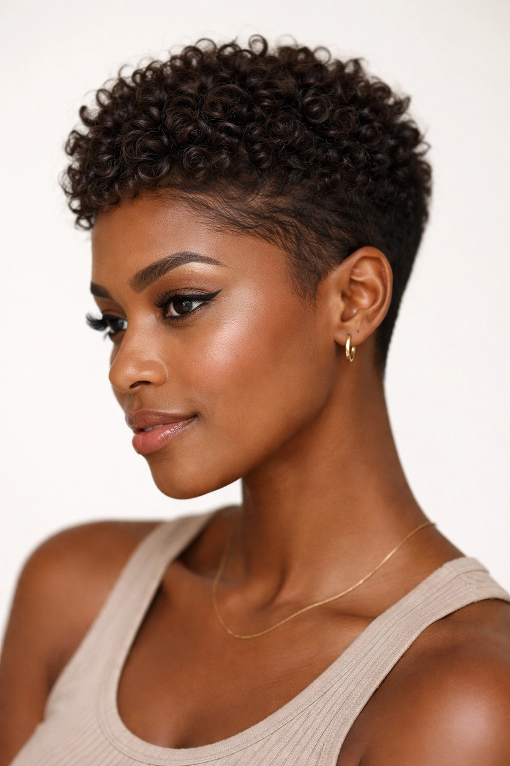 Close-up of a textured pixie with volume and natural curls