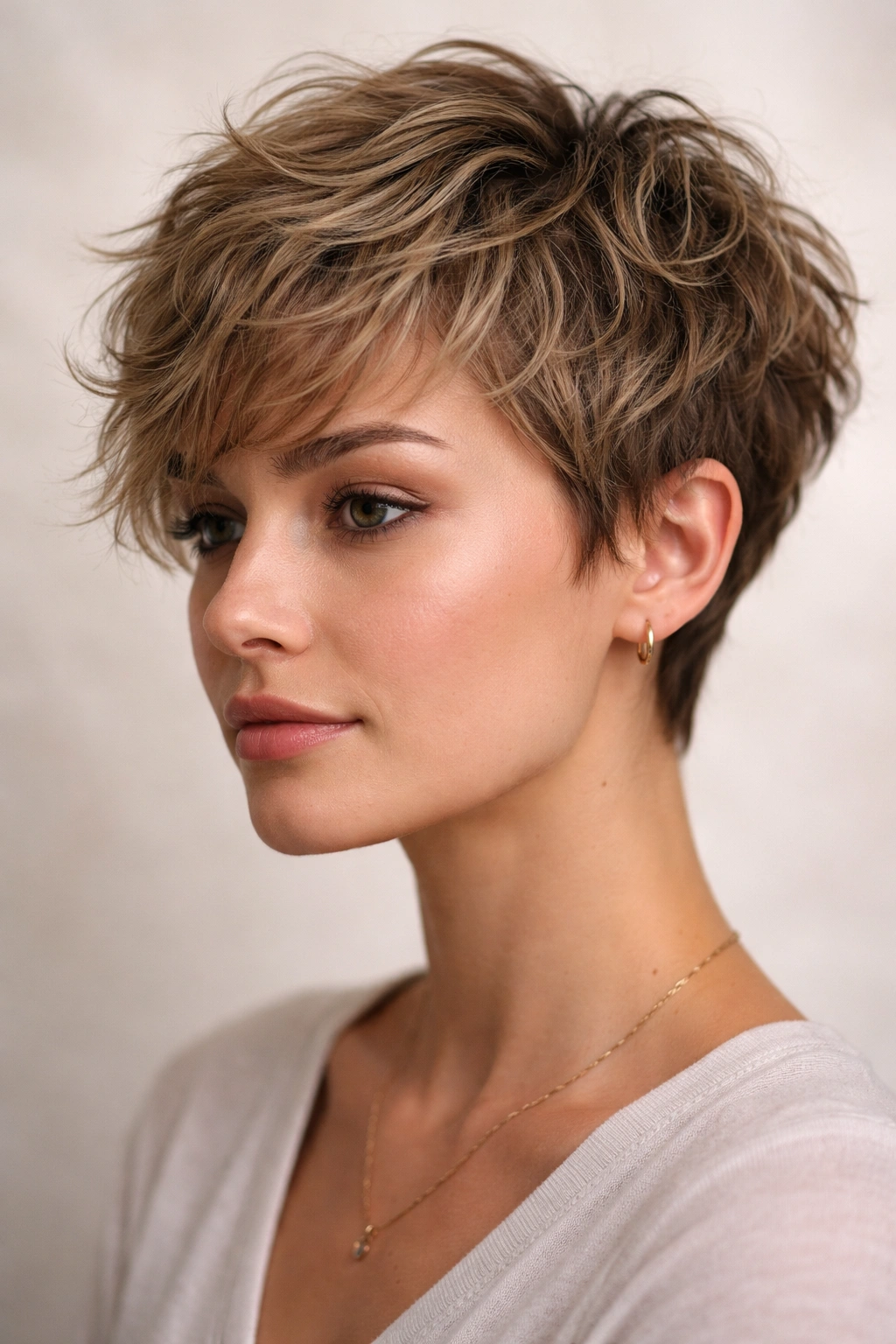 Close-up of tousled textured pixie with short sides and layered top