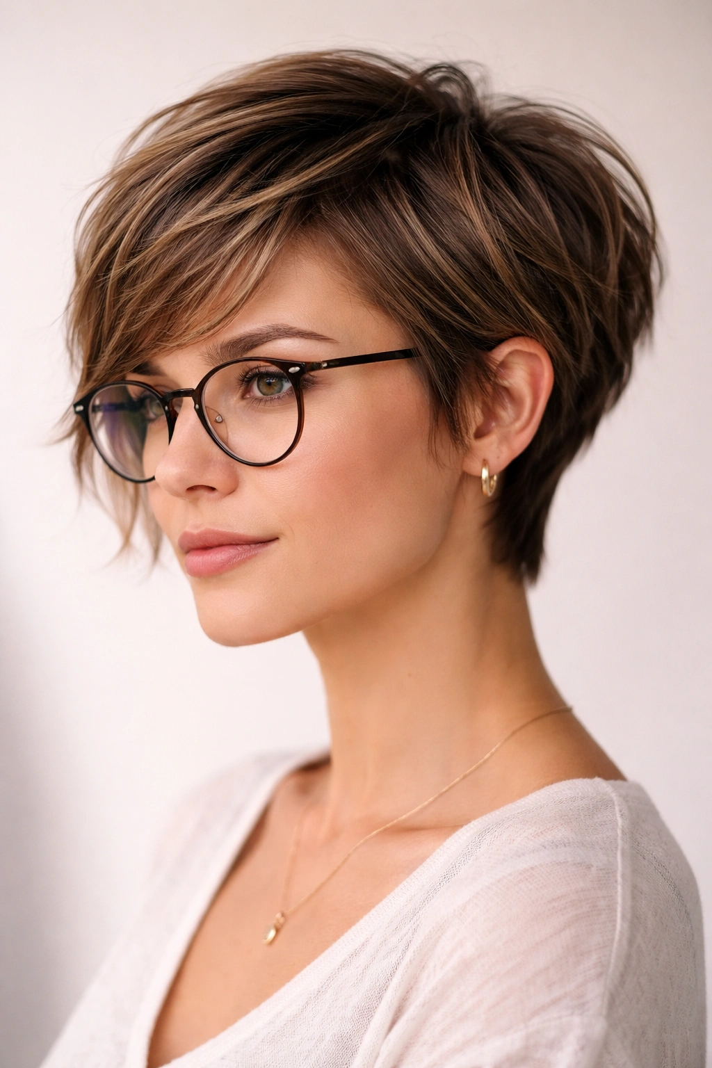 Pixie-to-bob hybrid with longer front layers and glasses