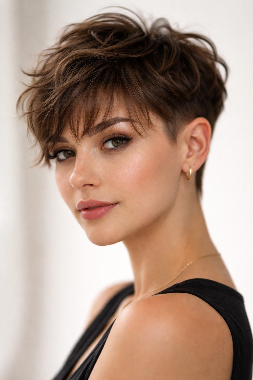 Close-up portrait of a model with a wavy pixie undercut and wispy bangs in studio lighting