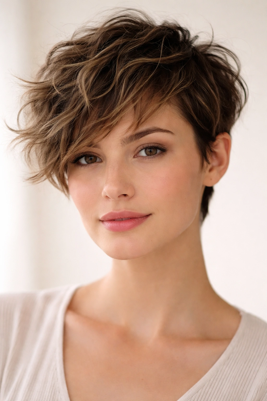 Close-up of a pixie cut with tousled wavy texture.