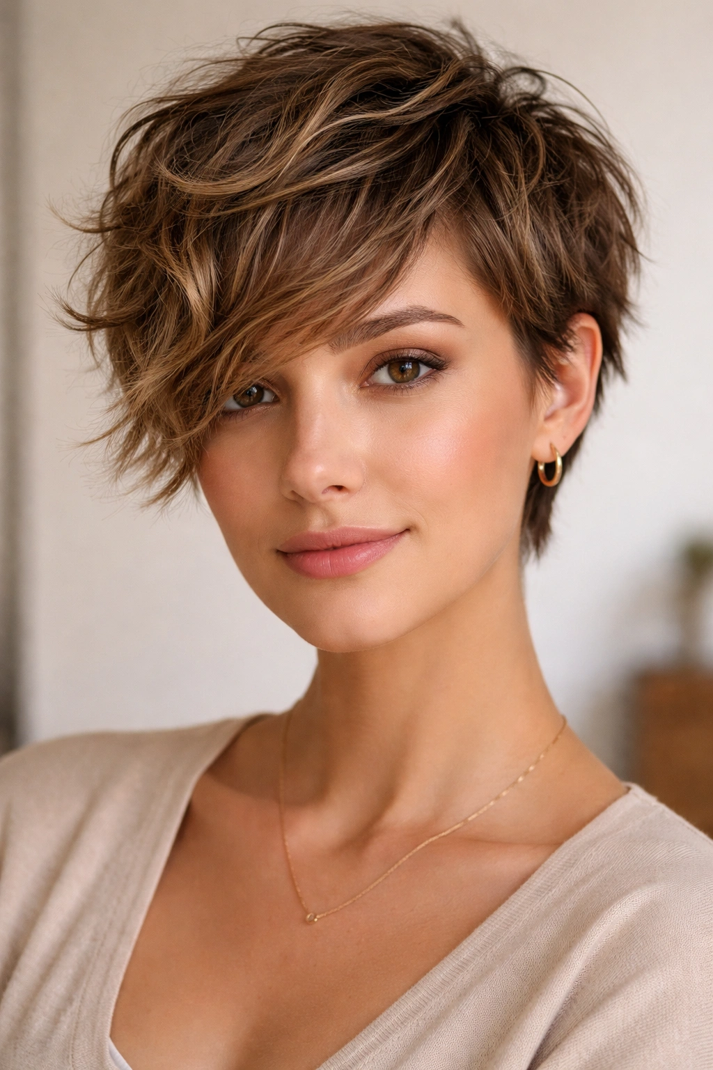 Pixie cut with longer textured side bangs on a wavy-haired person.