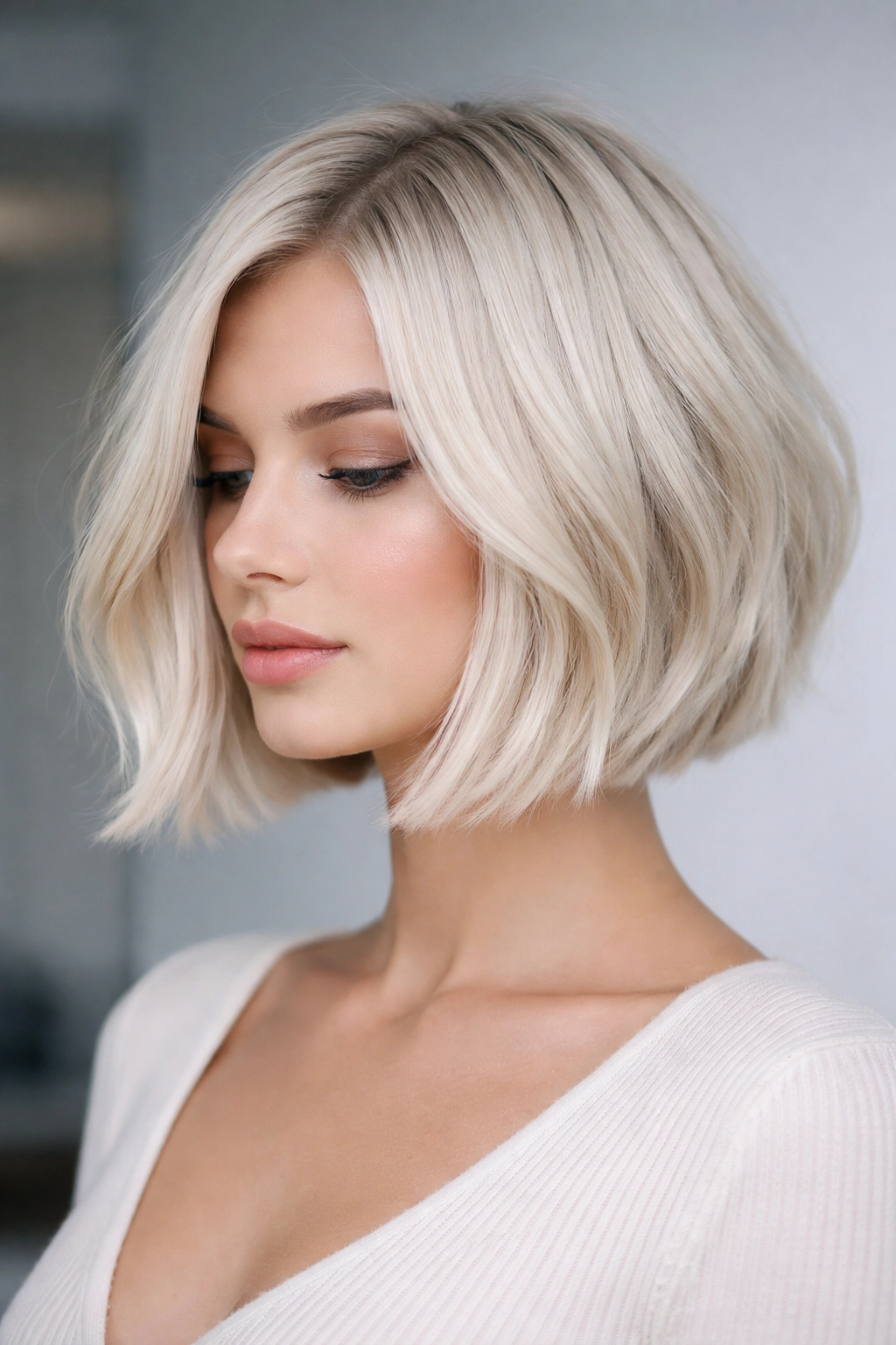 Precise platinum blonde bob with sleek texture and cool undertones
