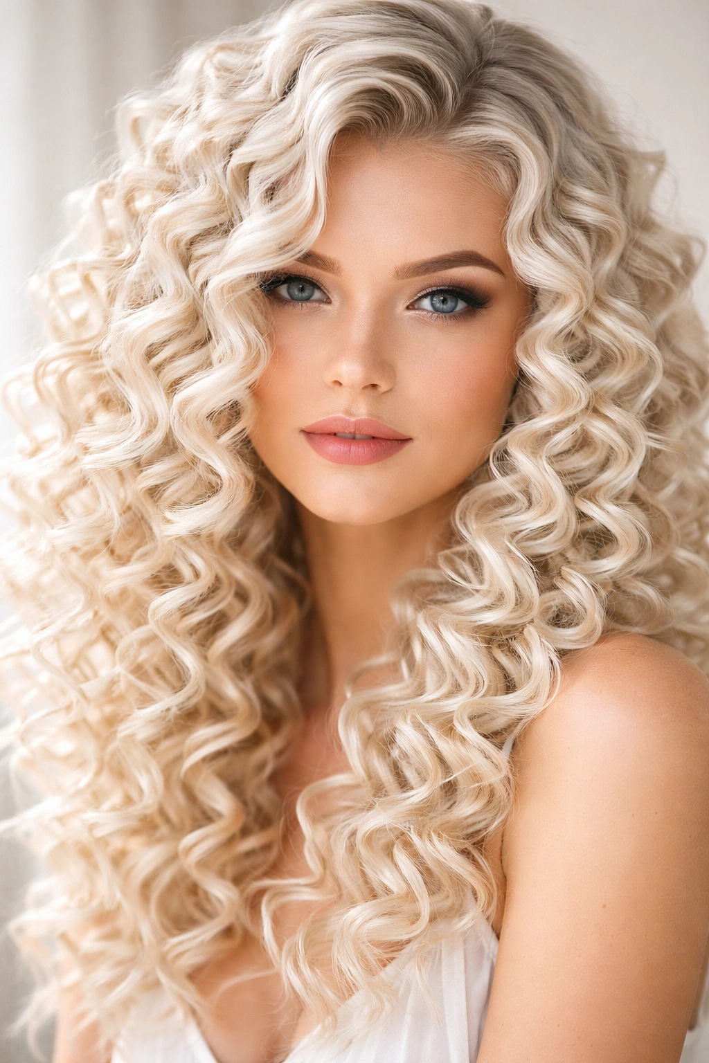 Close-up of tight ringlets in platinum blonde with high definition curls