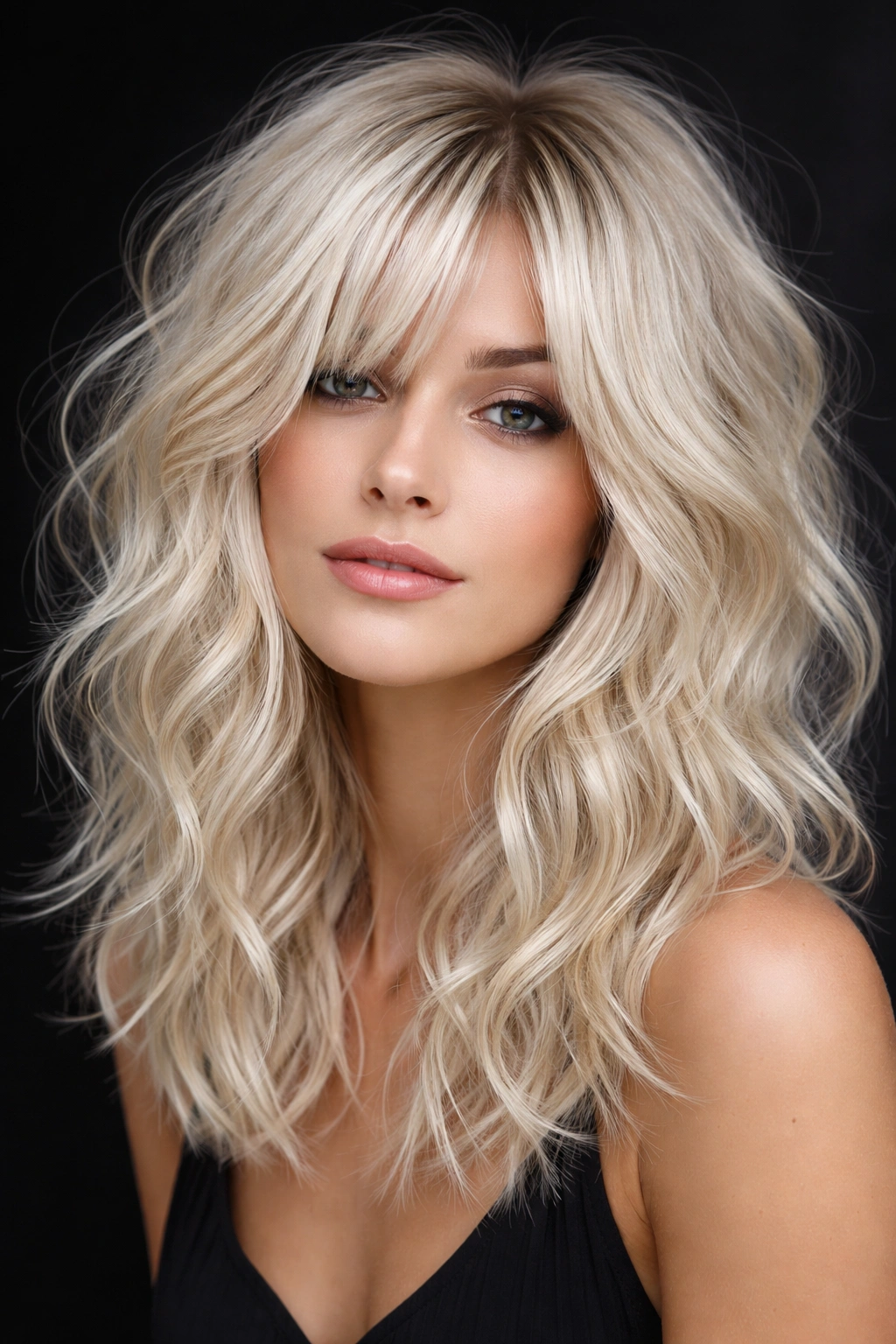 Bright platinum blonde waves with visible shaggy texture