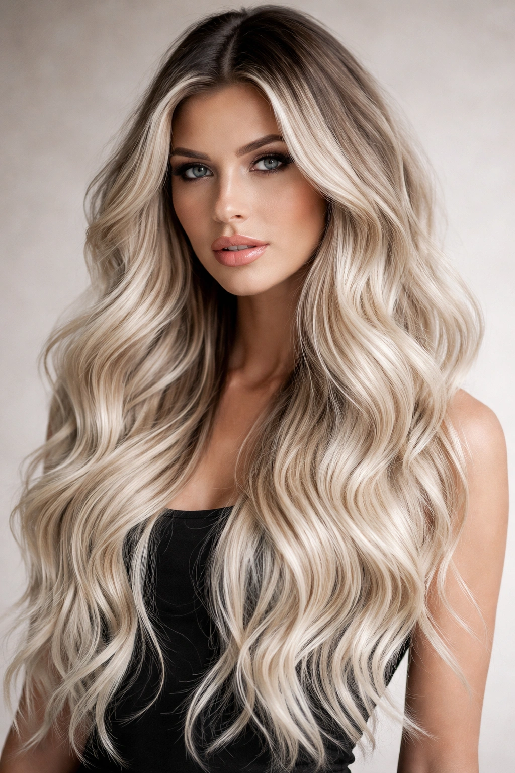 Long platinum blonde waves with dark roots and high-contrast color.