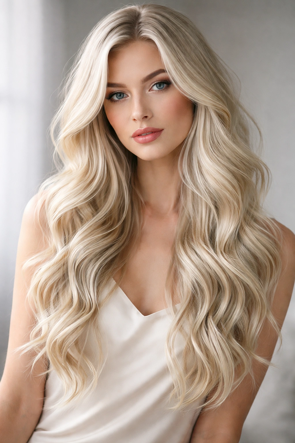 Long platinum blonde waves with subtle highlights creating dimension