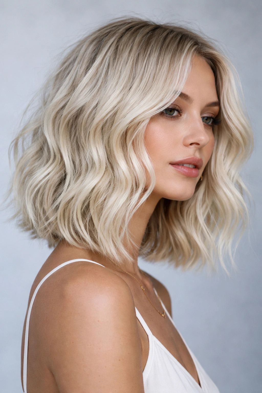Close-up of a platinum lived-in wavy bob with undone waves