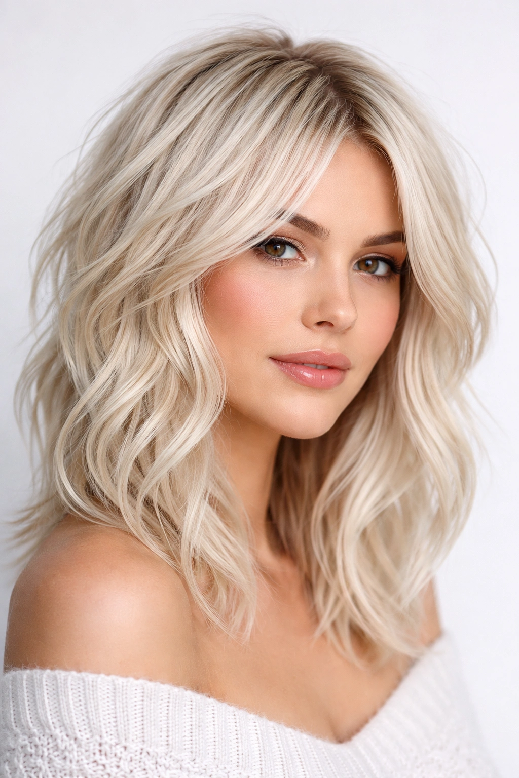 Shoulder-length platinum blonde waves with choppy layers