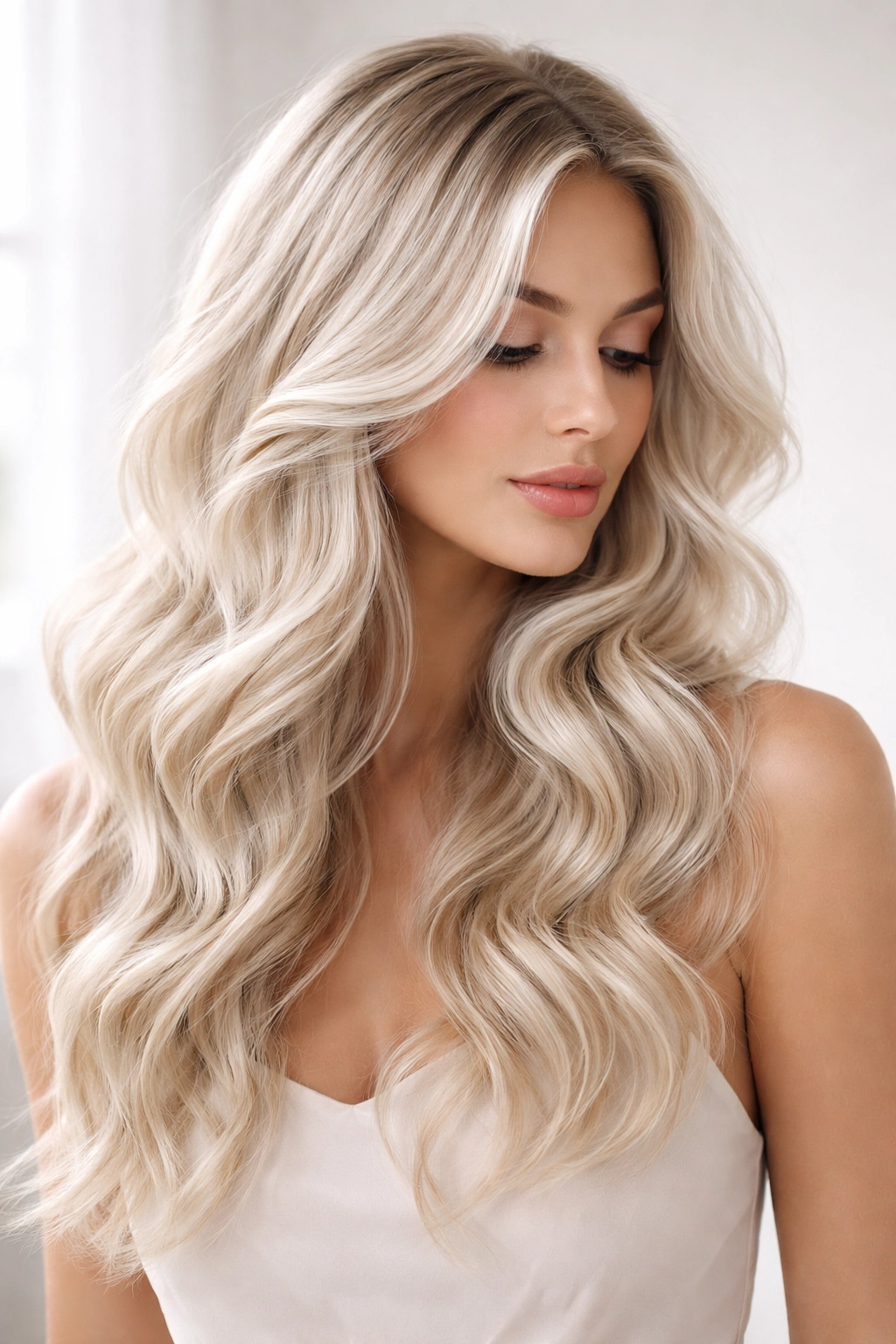 Platinum highlights on loose wavy hair with subtle root depth