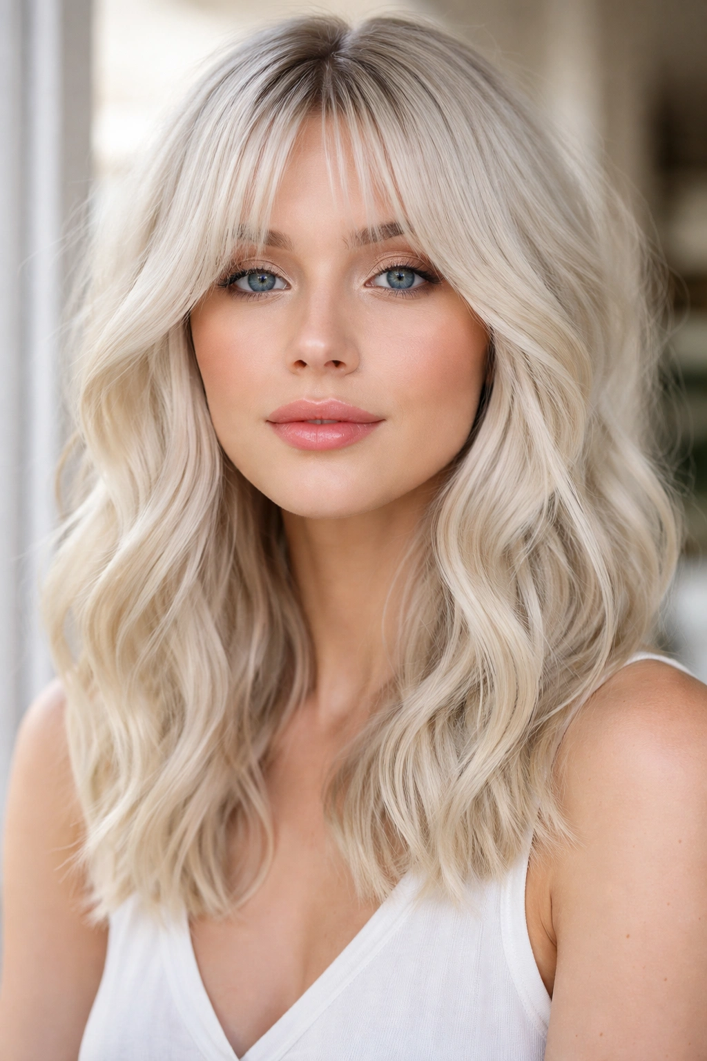 Icy platinum blonde waves with curtain bangs framing the face