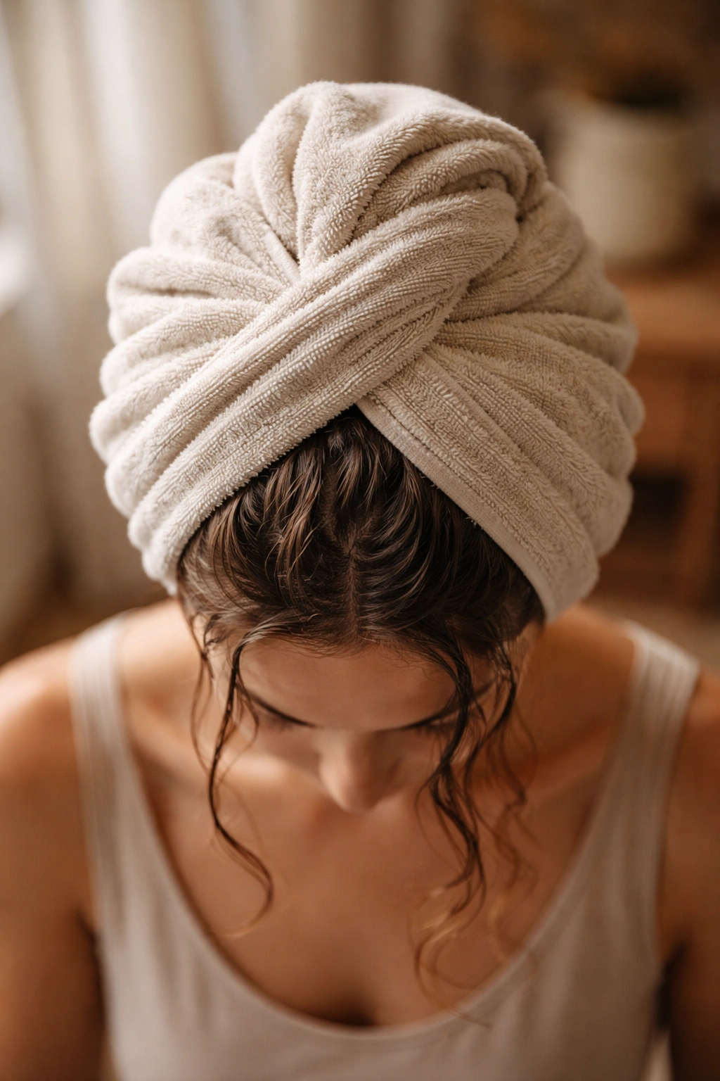 Damp hair wrapped in towel turban for plopping method