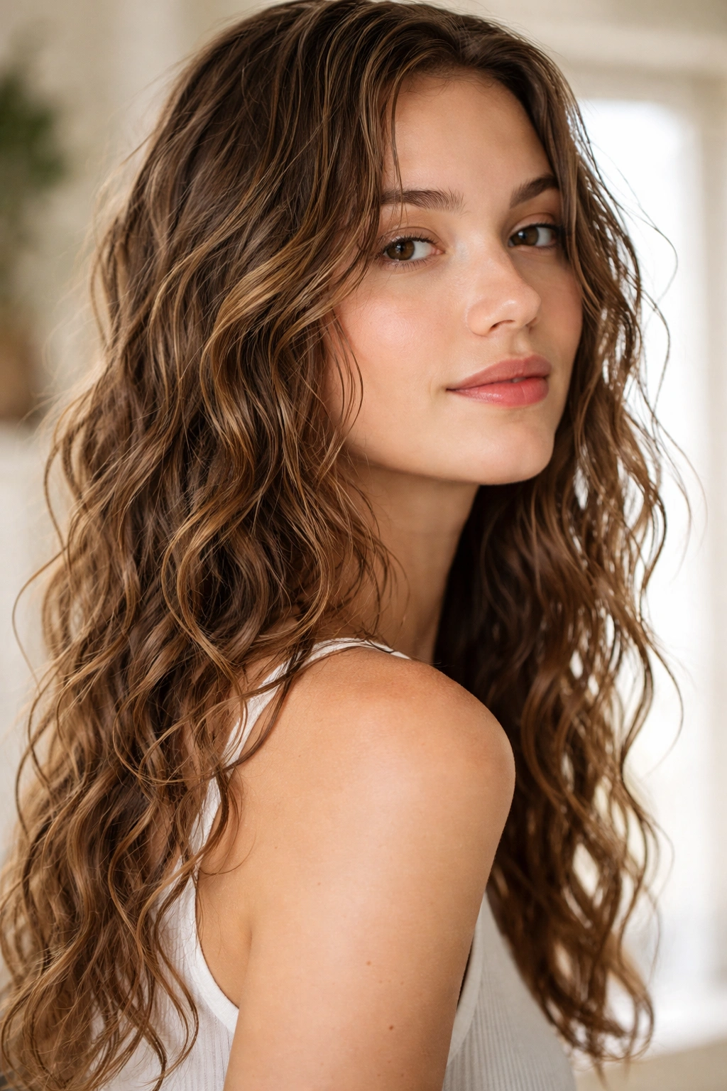 Portrait focusing on damp, loose tousled waves formed by plopping
