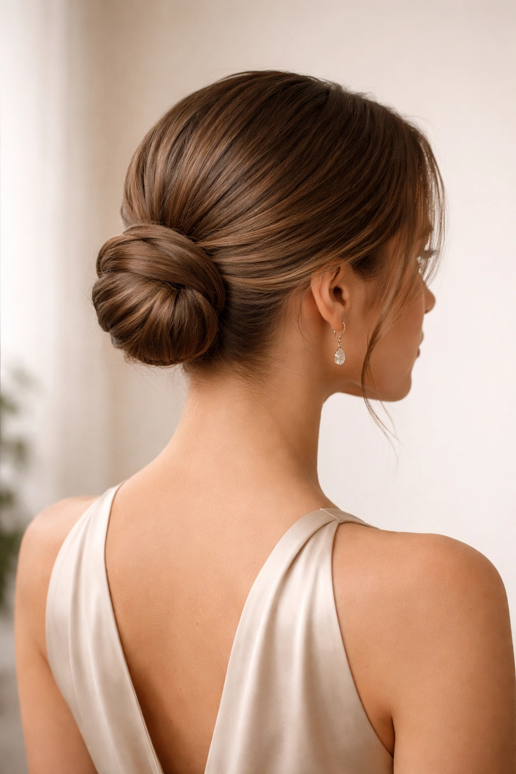 Polished low bun on shoulder-length hair in a studio setting.