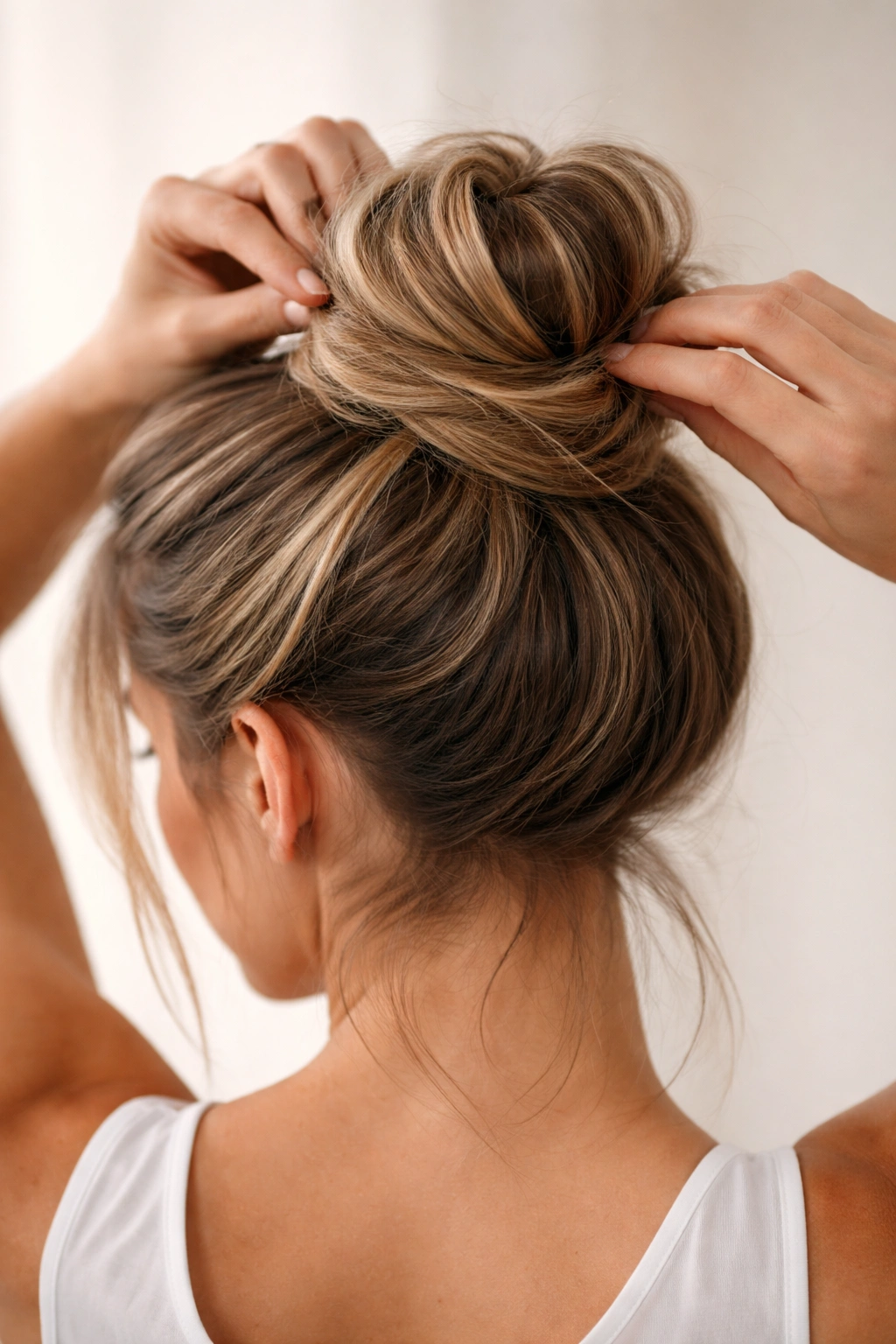 Close-up of a polished messy bun showing base and top texture formed by sectioning
