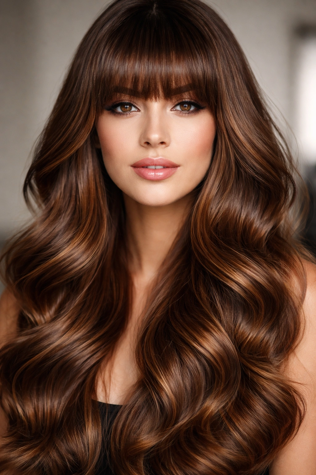 Close-up of caramel brown polished waves with thick bangs