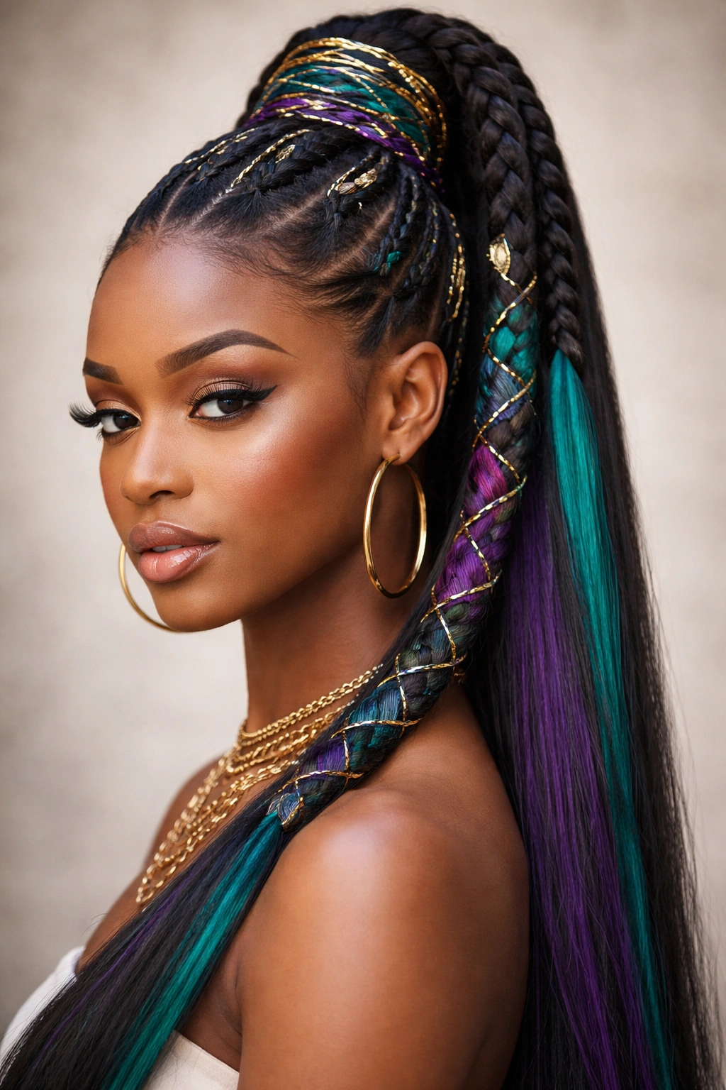 Close-up of a pondo hairstyle with colored hair accents and wrapping